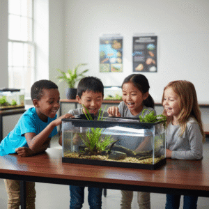 Des enfants heureux autour dun aquarium miniature avec poisson rouge – décoration bureau silencieuse, filtre intégré, design épuré