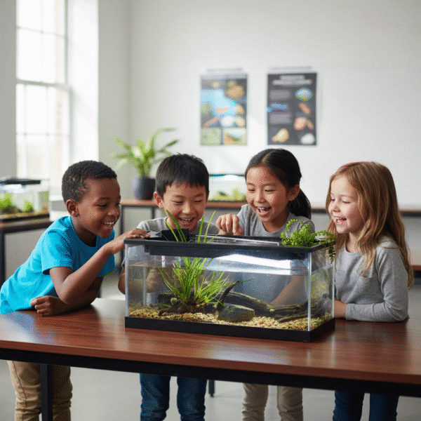 Des enfants heureux autour dun aquarium miniature avec poisson rouge – décoration bureau silencieuse, filtre intégré, design épuré