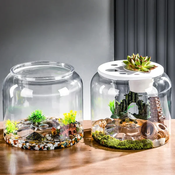 Aquarium pour tortue transparent avec couvercle amovible – design moderne, idéal pour observation et décoration