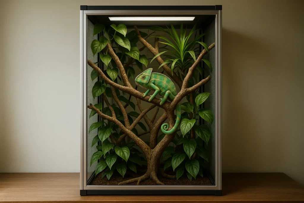 Terrarium vertical grillagé pour caméléon, avec branches solides, plantes tropicales et éclairage UVB en hauteur.