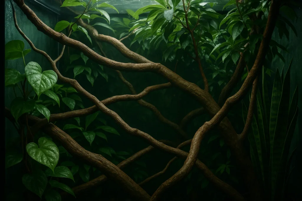 Intérieur d’un terrarium caméléon avec branches naturelles, pothos, ficus et feuillage dense créant des zones d’ombre.
