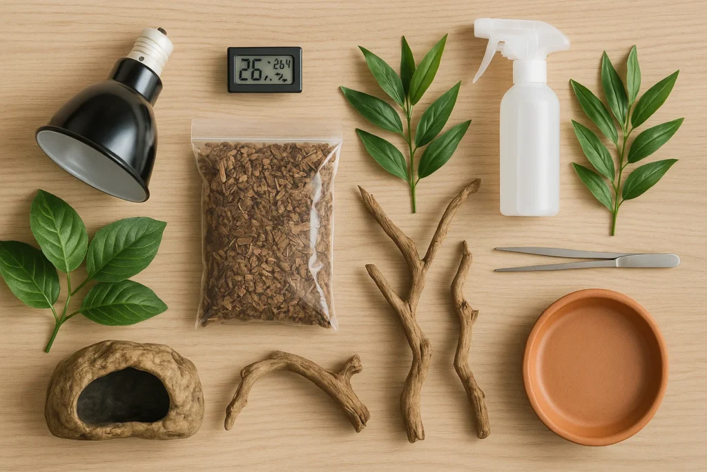 Accessoires essentiels pour terrarium : lampe UVB, substrat, décor et équipement