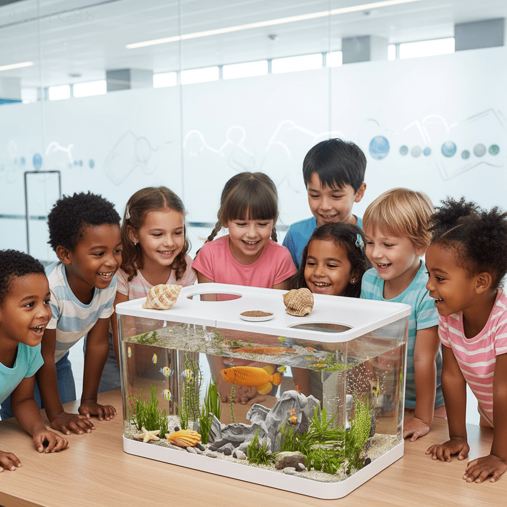 Écosystème miniature avec petit poisson – décoration bureau apaisante, design transparent, sans entretien