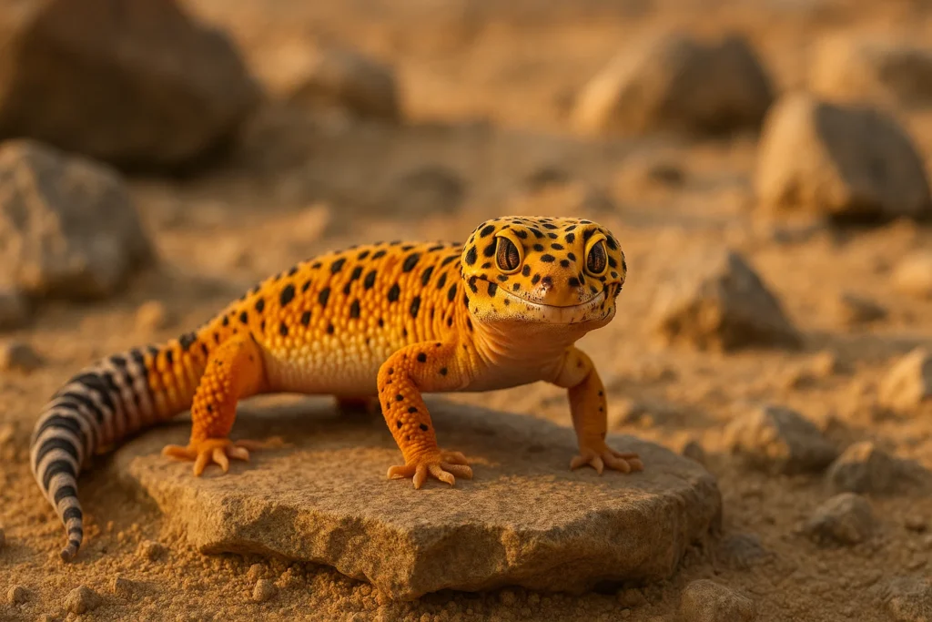 Gecko léopard dans son habitat désertique naturel - environnement aride et rocheux