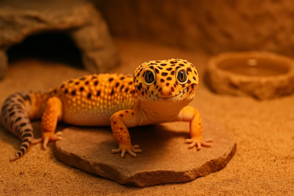 Gecko léopard heureux dans terrarium désertique aménagé - Habitat optimal