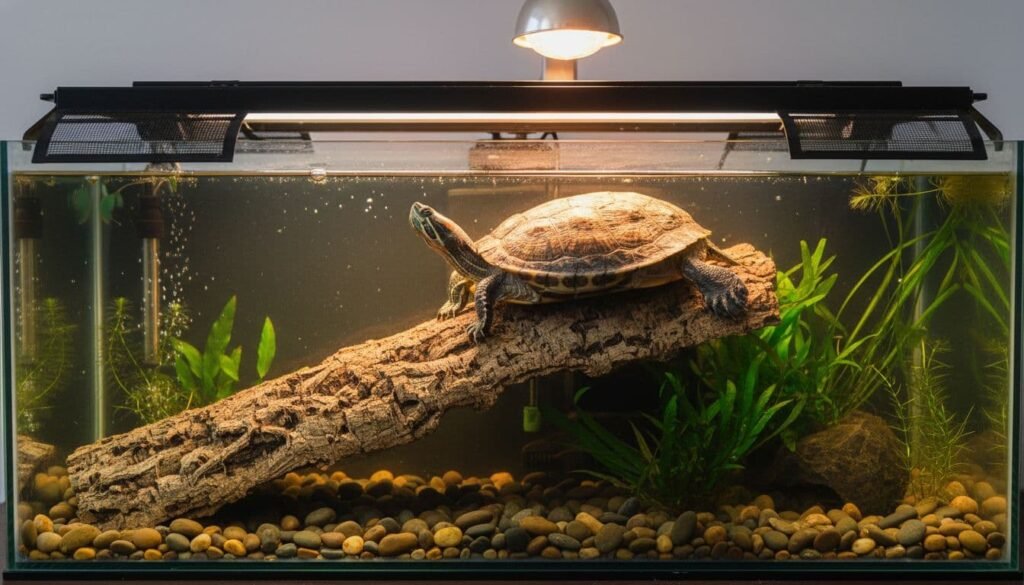Trachemys sur une plage en liège, sous lampe chauffante, avec eau claire filtrée, pierres lisses et tube UVB au-dessus.