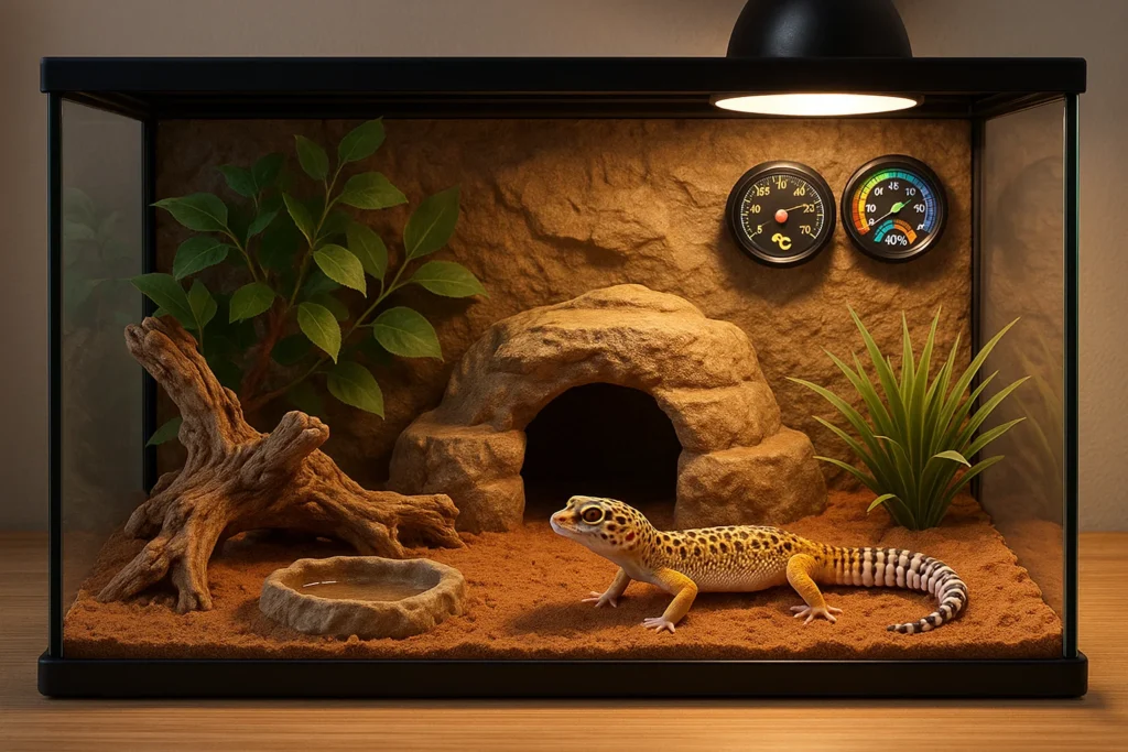 terrarium gecko beau et pratique, avec les bonnes tailles, températures et cachettes, pour un reptile en pleine forme et sans stress.