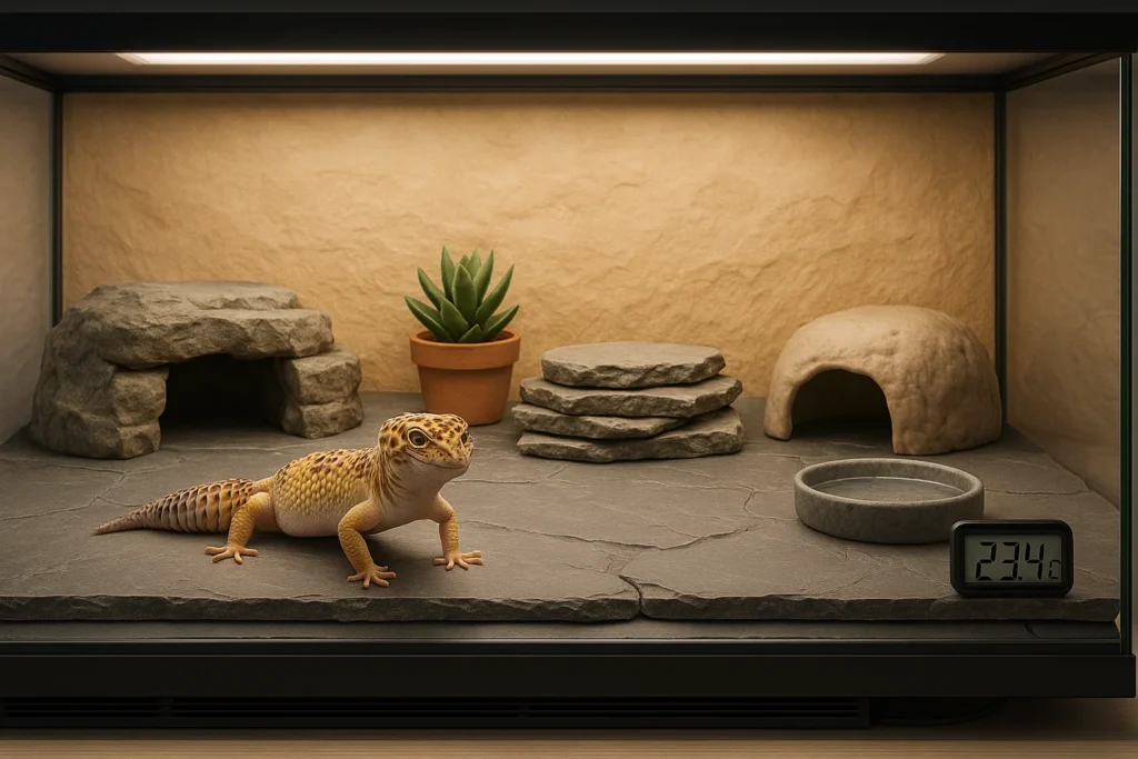 Terrarium gecko léopard complet avec cachettes, substrat et chauffage - aménagement optimal
