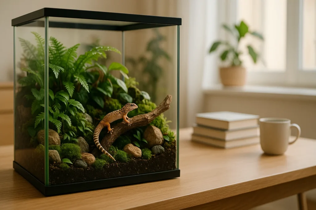 Terrarium tropical avec gecko léopard sur bureau moderne - Guide complet TERRAVIE