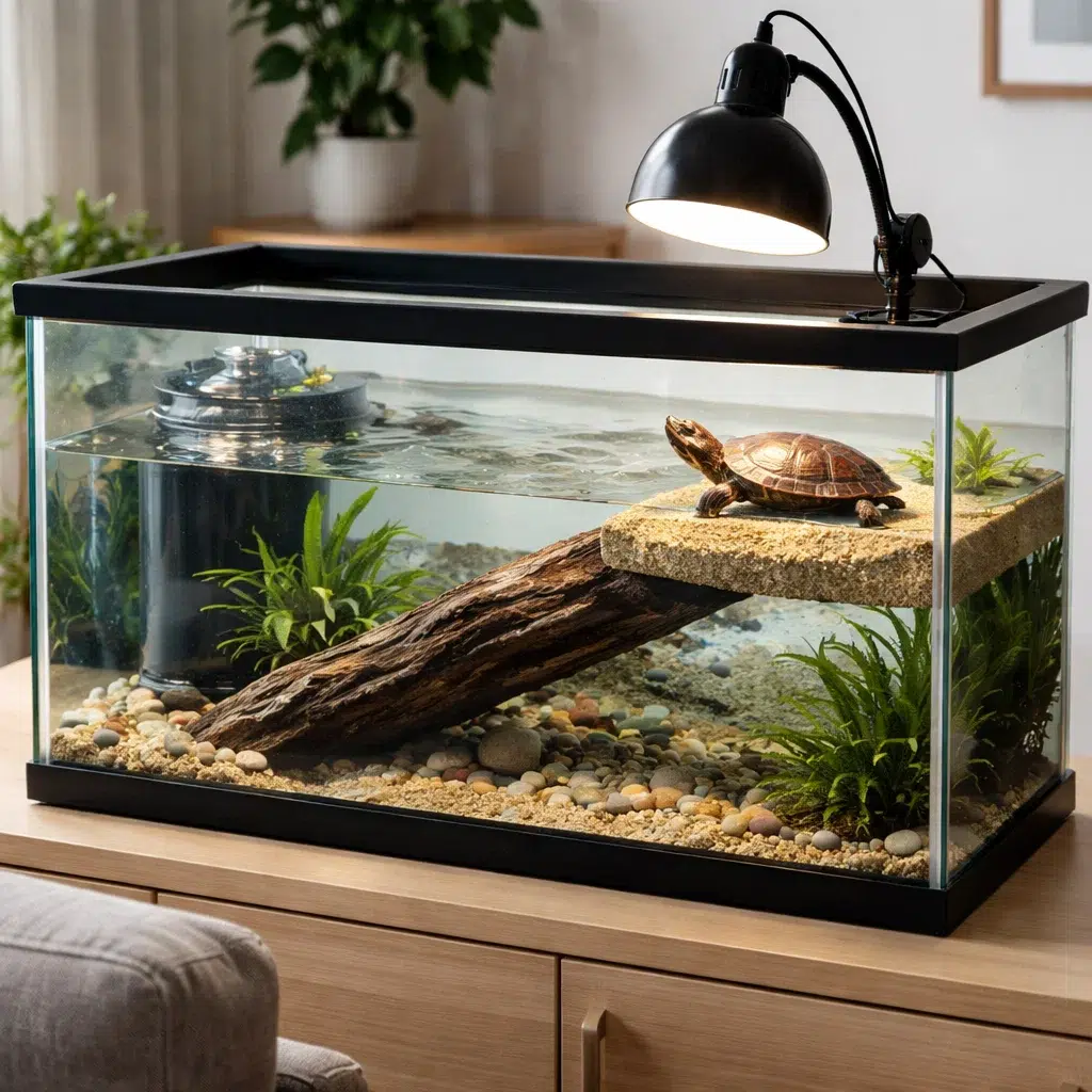 un aquaterrarium pour tortue aquatique dans un salon, cadrage horizontal. On voit clairement une eau propre et filtrée, une plage sèche antidérapante avec une rampe douce, et une lampe chauffante au-dessus de la plage. La tortue est en train de se dorer sur la zone sèche, carapace nette et brillante.