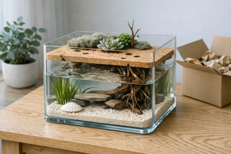 Un contenant rectangulaire en verre borosilicaté (format 30 × 20 × 25 cm), aux parois épaisses, sans cadre métallique — lignes minimalistes.