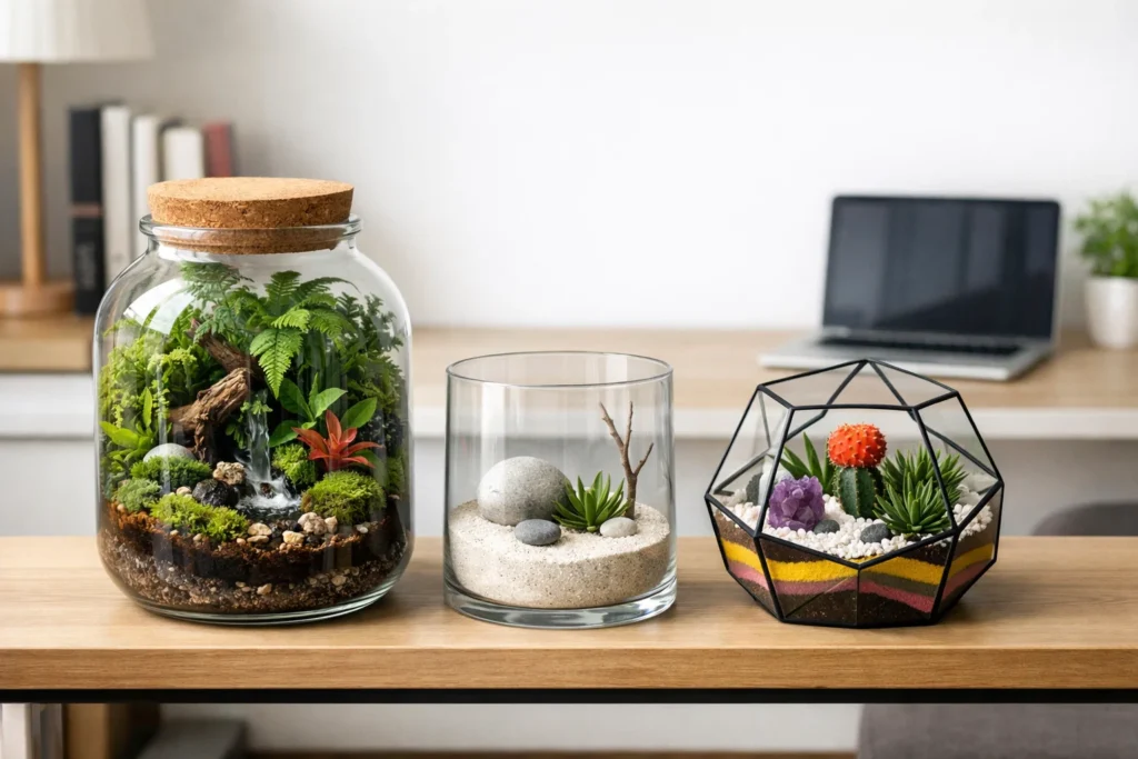 Trois terrariums design de tailles et styles différents alignés sur une étagère : un terrarium ambiance forêt tropicale, un terrarium minimaliste très épuré, un terrarium plus graphique avec quelques touches de couleur, décor intérieur moderne et lumineux, quelques livres et un ordinateur portable en second plan