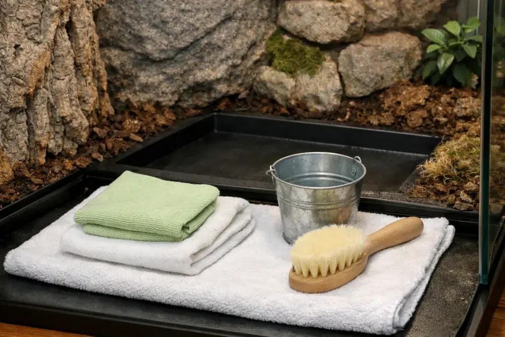 Photo en vue rapprochée d’un coin bas de terrarium avec bac d’eau retiré, surfaces humides essuyées, et quelques accessoires posés sur une serviette propre (chiffons, brosse douce, petit seau).