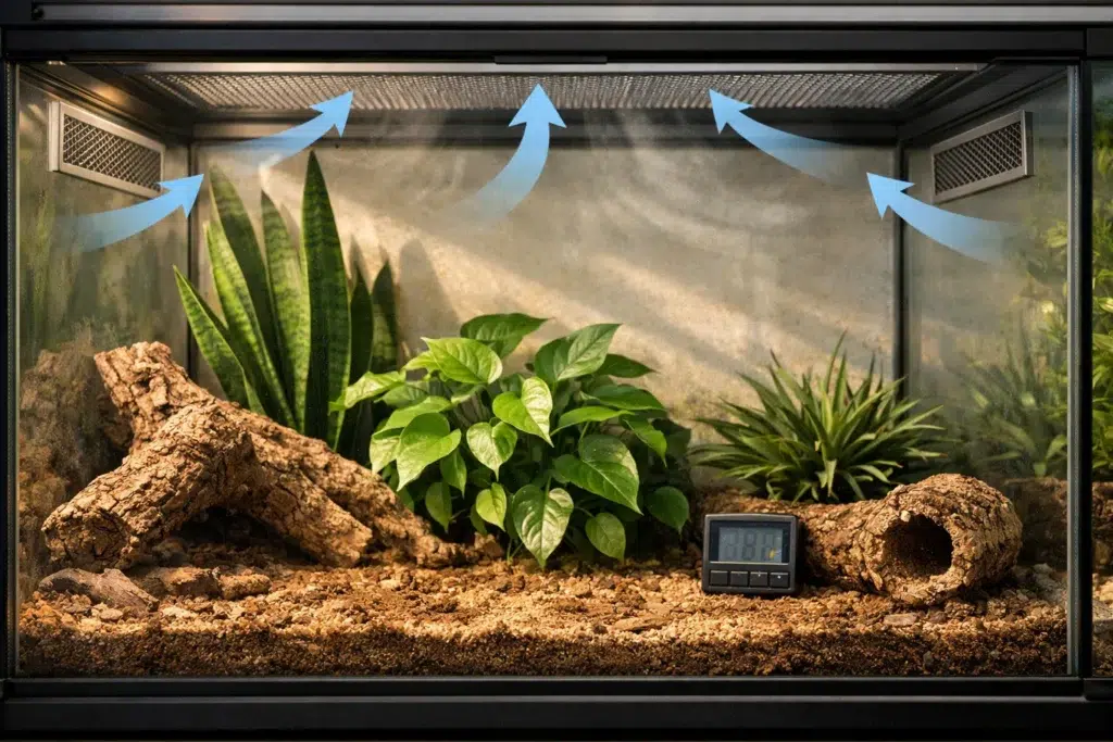 Photo d’un terrarium bien ventilé avec grilles d’aération bien visibles, substrat propre et plutôt sec en surface, plantes en bon état, et un hygromètre/thermomètre discret non lisible.