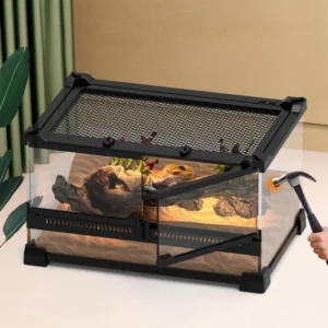 Terrarium en verre trempé avec caméléon et branches naturelles – habitat vertical pour reptiles grimpeurs, double porte avant